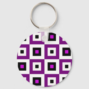 Purple Black and White Checkered Squares Pattern Key Ring