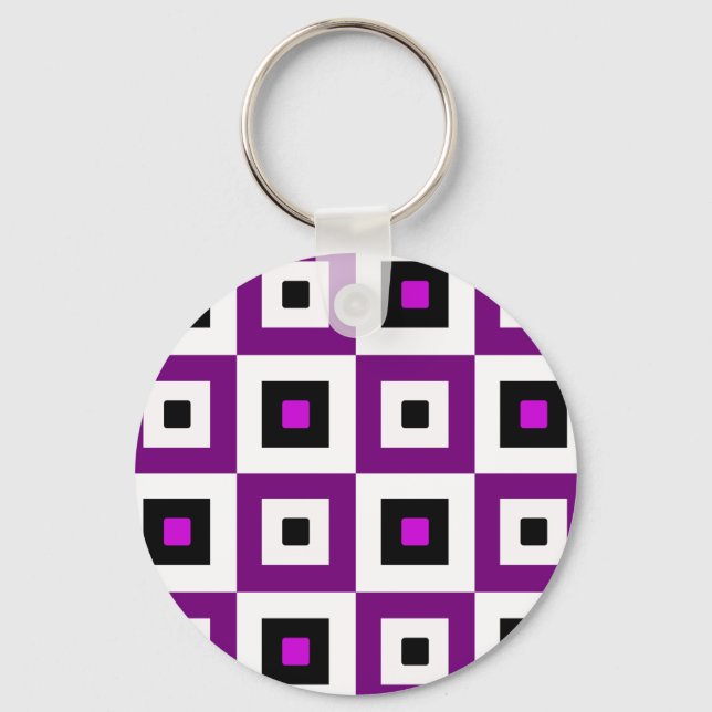 Purple Black and White Checkered Squares Pattern Key Ring (Front)