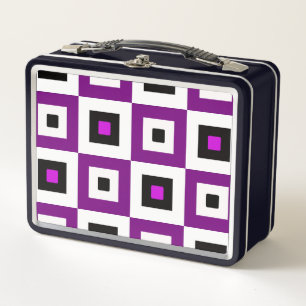Purple Black and White Checkered Squares Pattern Metal Lunch Box