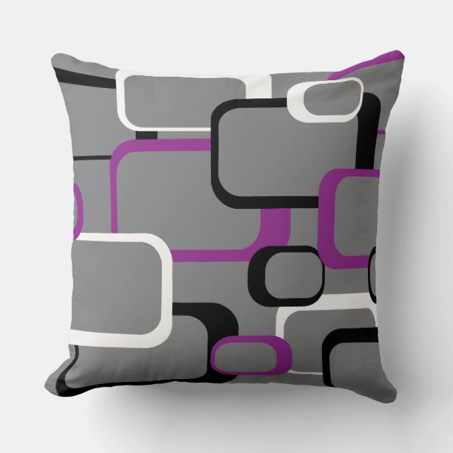 Purple Black and White Retro Squares Grey Cushion (Front)