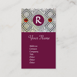 PURPLE BLACK AND WHITE ROMAN EAGLE DAMASK MONOGRAM BUSINESS CARD