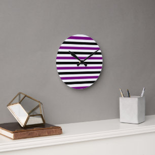 Purple Black and white stripes design Round Clock