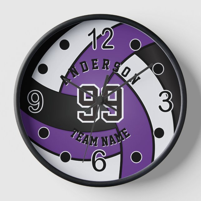 Purple, Black and White Volleyball  Clock (Front)