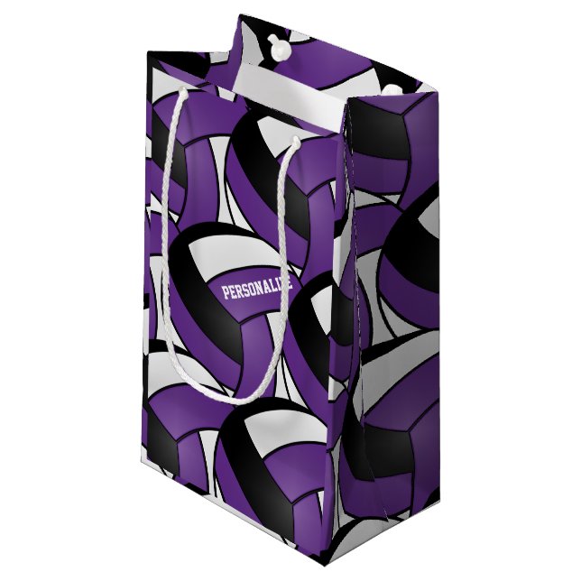 Purple, Black and White Volleyballs Small Gift Bag (Front Angled)