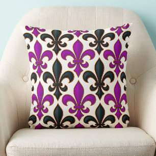 Purple Black Baroque Fleur-de-lis Pattern Design Cushion
