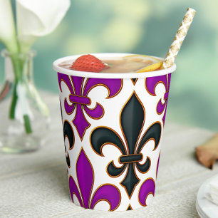 Purple Black Baroque Fleur-de-lis Pattern Design Paper Cups