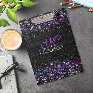 Purple black brushed metal glitter monogram clipboard