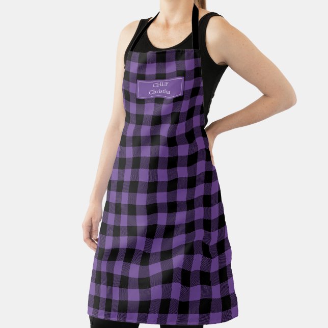 Purple Black Buffalo Plaid Lumberjack Personalised Apron (Insitu)