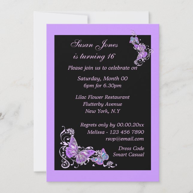 Purple black butterfly floral PERSONALIZE Invitation (Front)