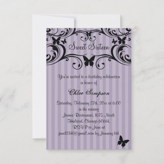 Purple & Black Butterfly Sweet16 Invitation (Front)