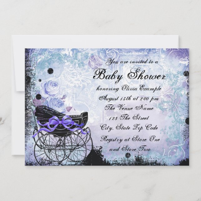 Purple Black Carriage Baby Shower Invitation (Front)