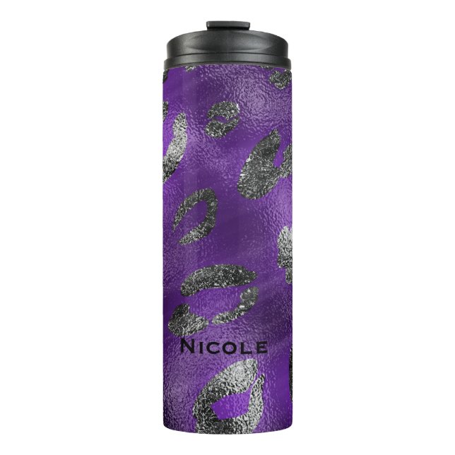 Purple & Black Cheetah Leopard Print Spots Custom Thermal Tumbler (Front)