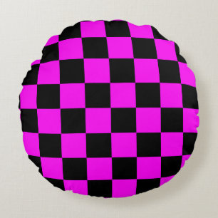 Purple Black Chequered Check Pattern Round Cushion