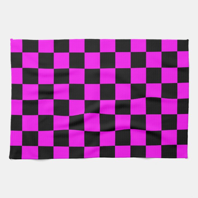 Purple Black Chequered Check Pattern Tea Towel (Horizontal)