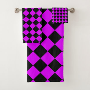 Purple Black Chequered Diamond Pattern Bath Towel Set