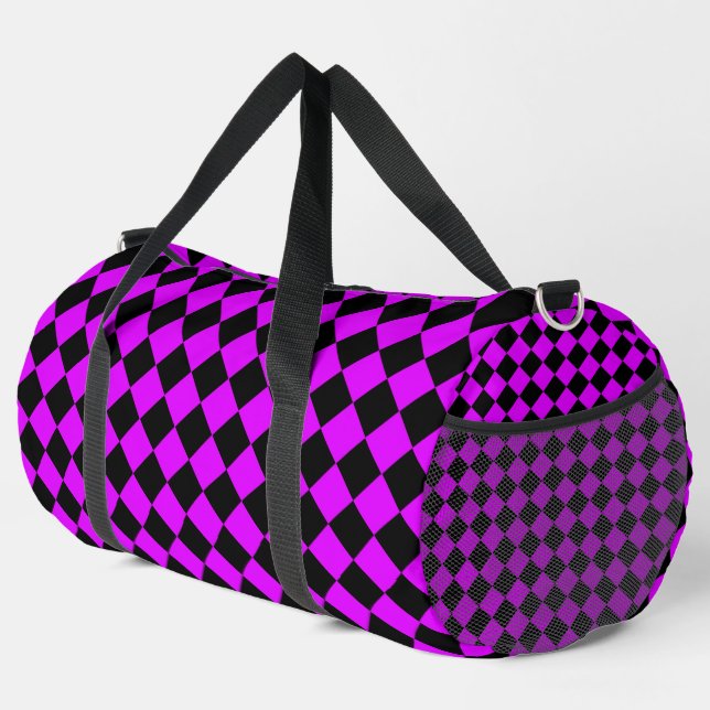 Purple Black Chequered Diamond Pattern Large Duffle Bag (Right Corner)