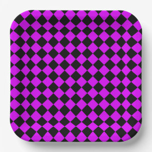 Purple Black Chequered Diamond Pattern Paper Plate