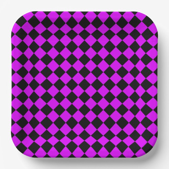 Purple Black Chequered Diamond Pattern Paper Plate (Front)