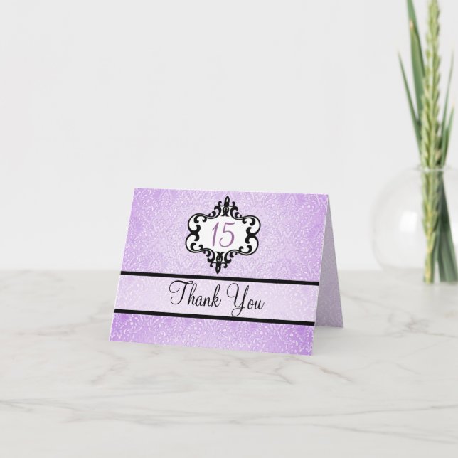Purple & Black Chic Damask Thank You card (Front)