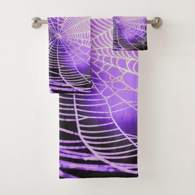 Purple Black Creepy Spooky Spider Web Bath Towel Set (Insitu)