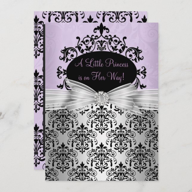 Purple Black Damask Baby Shower Invitation (Front/Back)