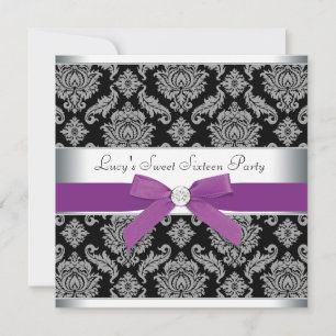 Purple Black Damask Birthday Party Invitation