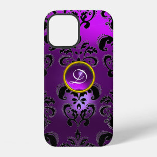 PURPLE BLACK DAMASK GEMSTONE FLORAL MONOGRAM iPhone 12 CASE
