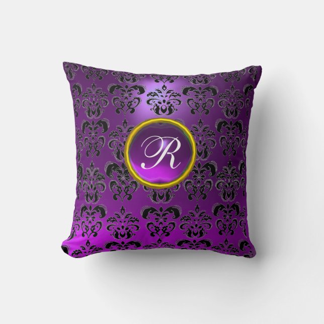 PURPLE BLACK DAMASK GEMSTONE MONOGRAM  CUSHION (Front)
