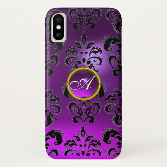 PURPLE BLACK DAMASK GEMSTONE MONOGRAM Floral Case-Mate iPhone Case (Back)