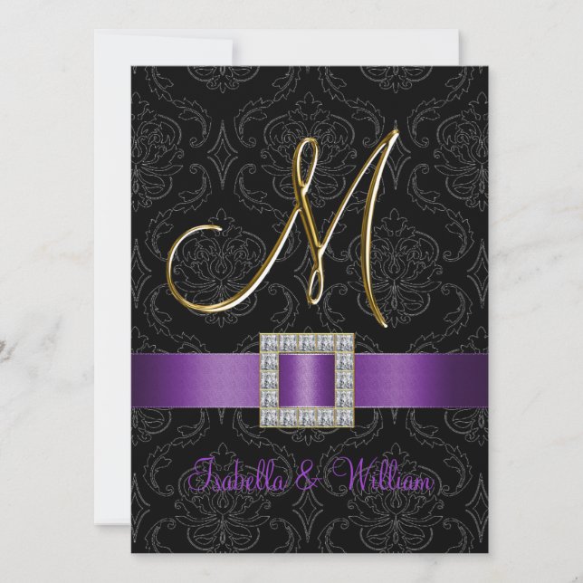 Purple Black Damask Gold Initial M Wedding Invite (Front)
