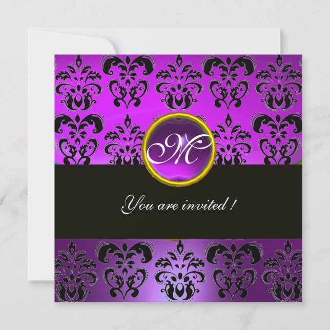 PURPLE BLACK  DAMASK MONOGRAM,amethyst Invitation (Front)