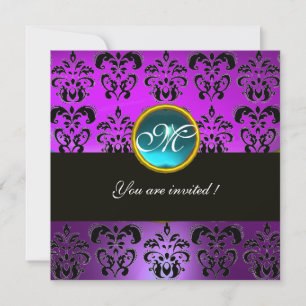 PURPLE BLACK DAMASK MONOGRAM, blue aquamarine Invitation