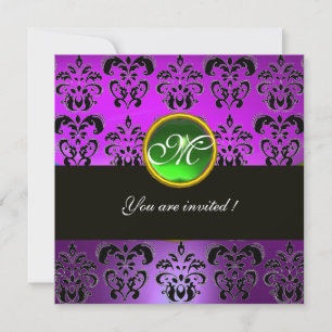 PURPLE BLACK  DAMASK MONOGRAM,green emerald Invitation