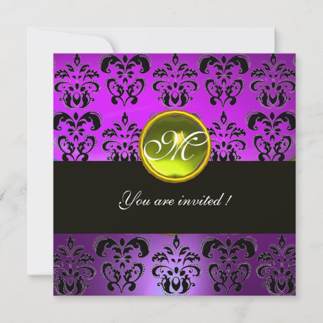 PURPLE BLACK  DAMASK MONOGRAM, yellow topaz Invitation (Front)