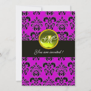 PURPLE BLACK DAMASK MONOGRAM, yellow topaz Invitation