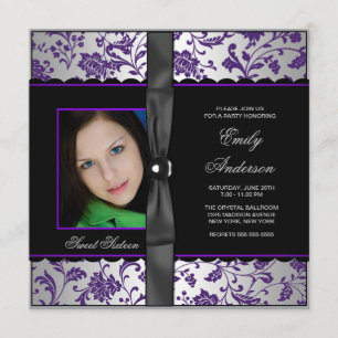 Purple Black Damask Photo Sweet 16 Party Invitation