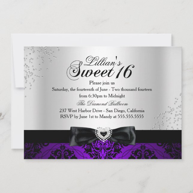 Purple Black Damask Sparkle Sweet 16 Invite (Front)