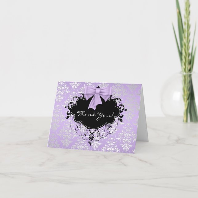Purple Black Damask Thank You Cards (Front)