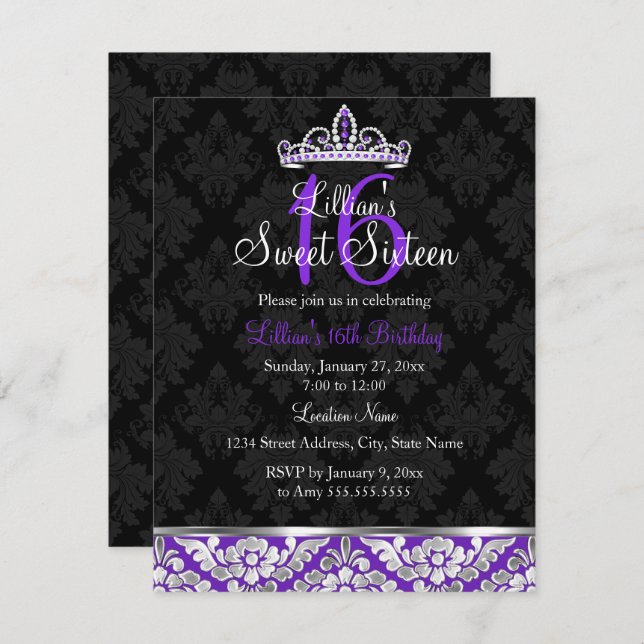 Purple Black Damask Tiara Sweet 16 Invite (Front/Back)