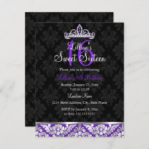 Purple Black Damask Tiara Sweet 16 Invite