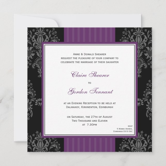 Purple & Black Damask Wedding Invitation (Front)