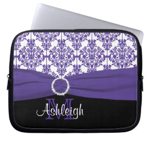 Purple Black Damask with FAUX Ribbon Laptop Sleeve