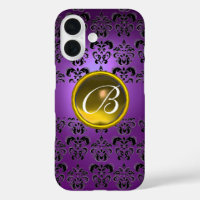 PURPLE BLACK DAMASK YELLOW GEMSTONE MONOGRAM