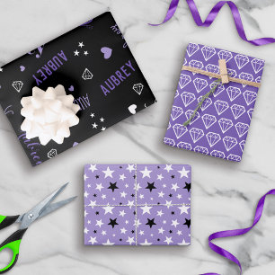 Purple Black Diamonds Hearts Stars Add Name Wrapping Paper Sheet