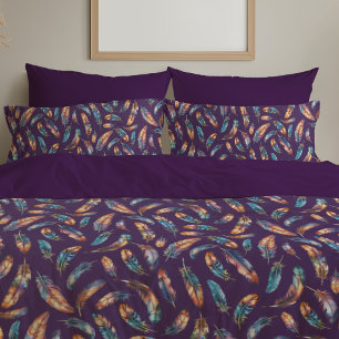 Purple Black Feather Print - Reversible Boho Art Pillowcase