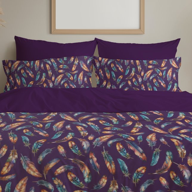 Purple Black Feather Print - Reversible Boho Art Pillowcase (Creator Uploaded)