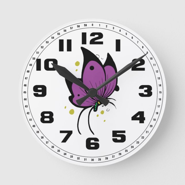 Purple Black Filled Freckled Butterfly Round Clock (Front)