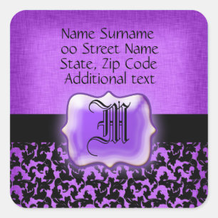 Purple black floral damask wedding square sticker