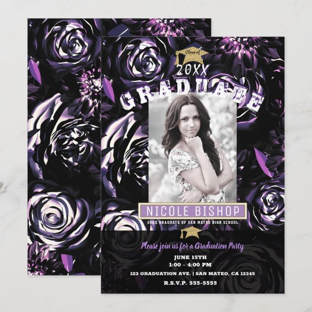 Purple Black Floral Glam Photo Graduation Party    Invitation (Front/Back)