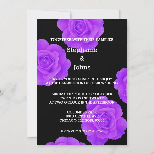 Purple Black Floral Modern Elegant Boho Wedding Invitation (Front)